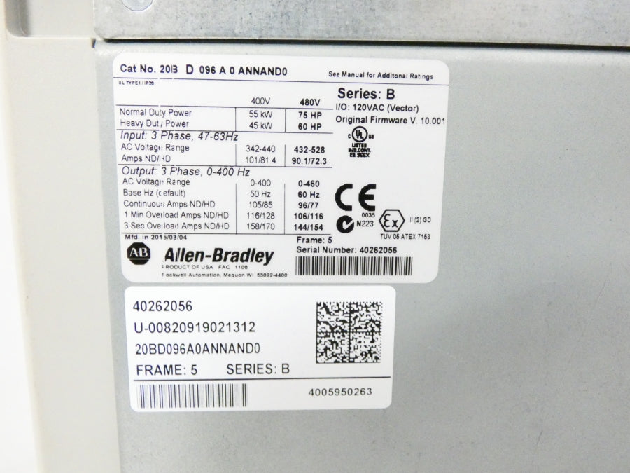 ALLEN BRADLEY 20BD096A0ANNAND0 SER. B F/W 10.001 480VAC 96A NSMP
