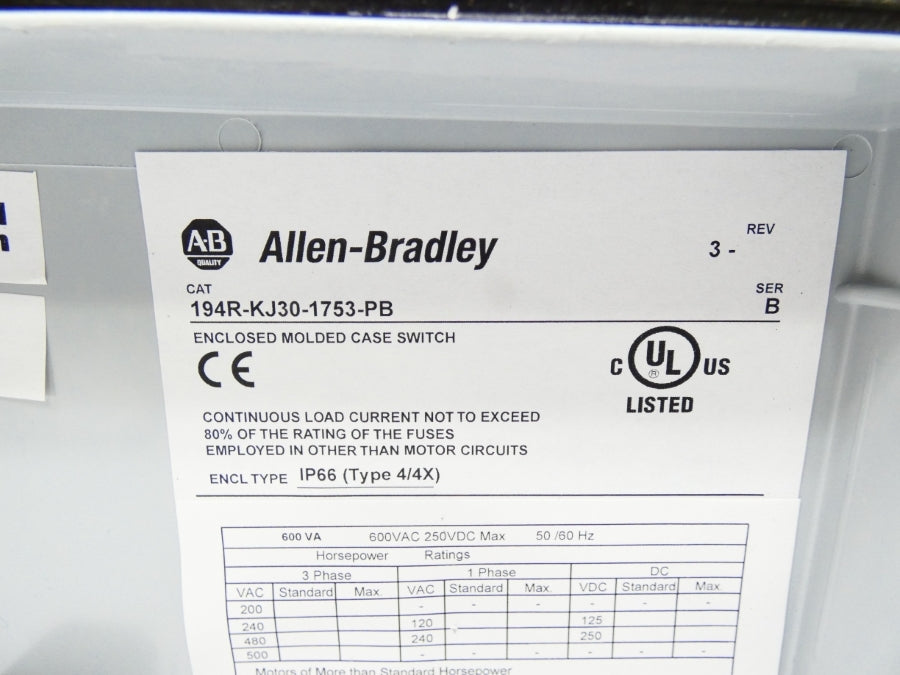 ALLEN BRADLEY 194R-KJ30-1753-PB SER. B 600VAC 30A NSMP
