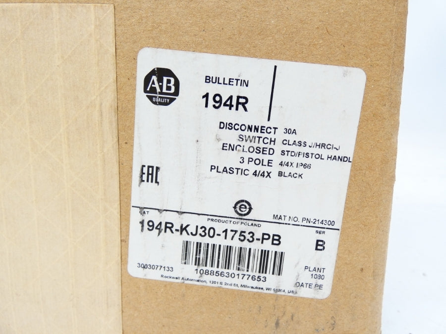 ALLEN BRADLEY 194R-KJ30-1753-PB SER. B 600VAC 30A NSMP