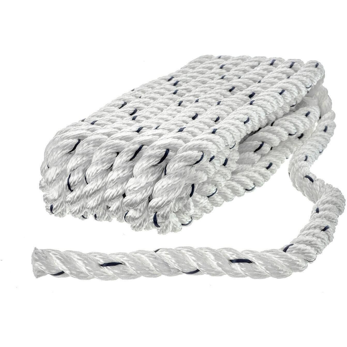 Seachoice 47511 Premium 3-Strand Twisted Nylon Dock Line, White w/ Blue Tracer, 3/8" x 15'
