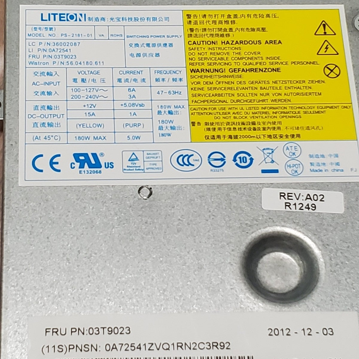 Lenovo 03T9023 ThinkCentre Edge 91Z LITEON PS-2181-01 180W Power Supply 0A72541|157132258906