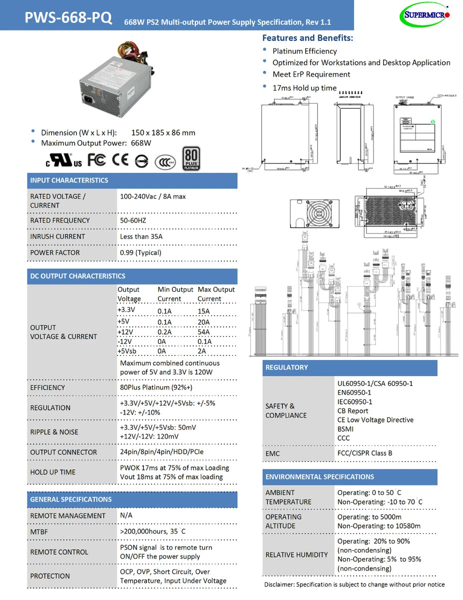 Supermicro (PWS-668-PQ) 668W, 80 Plus Platinum Power Supply, ATX, PS2|187904908999