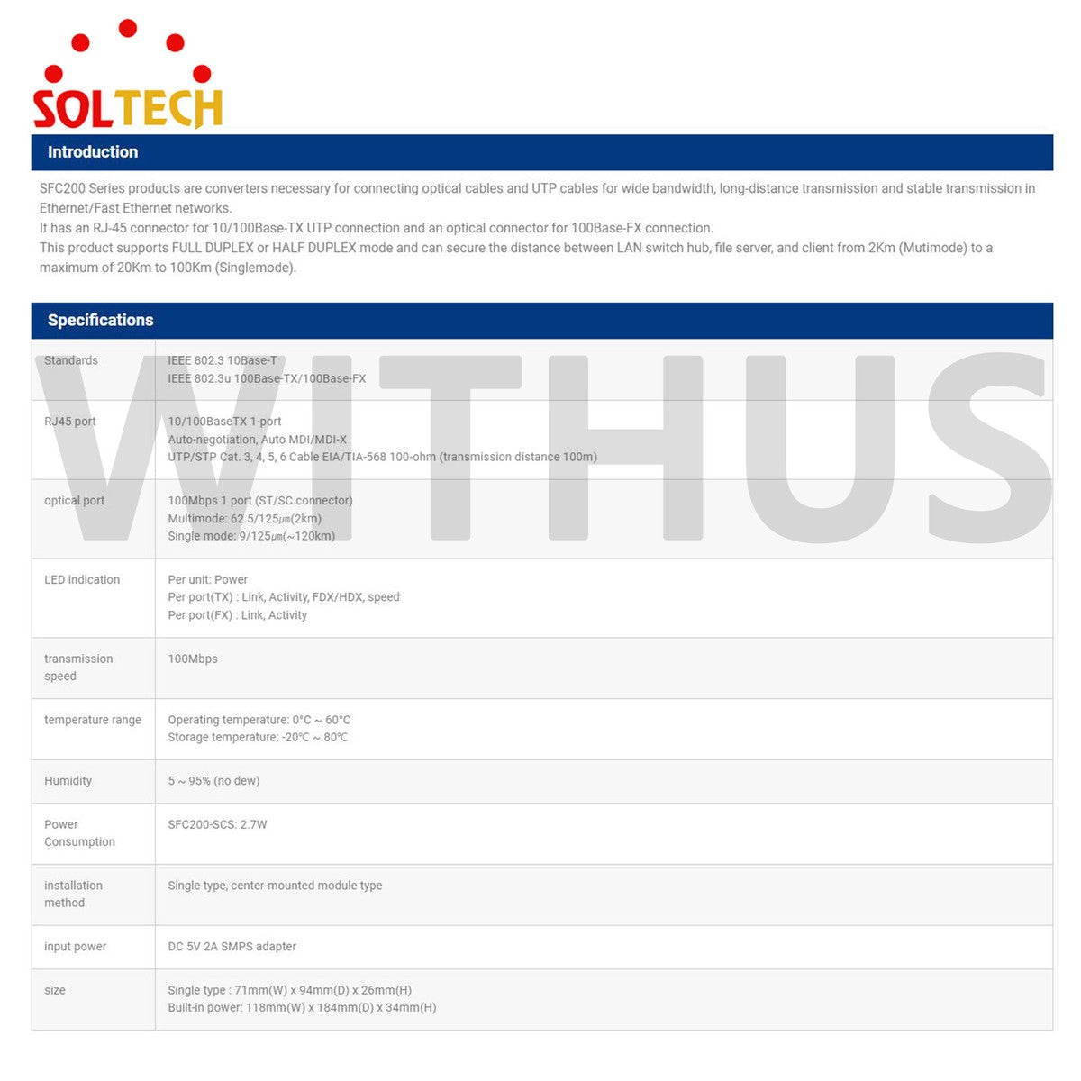 SOLTECH SFC200-SCS Fiber Optic Media Converter 10/100Mbps-TX to 100Mbps-FX_