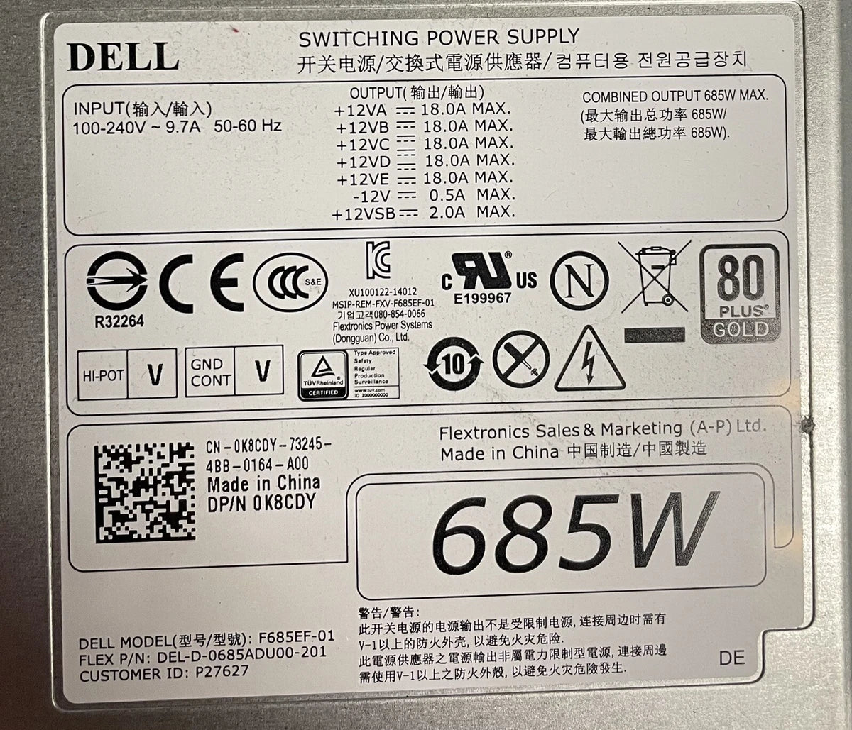 Dell 0K8CDY/0CYP9P/0W4DTF/0KTMT8 685W Power Supply for Precision T5810 T7810|295127772062