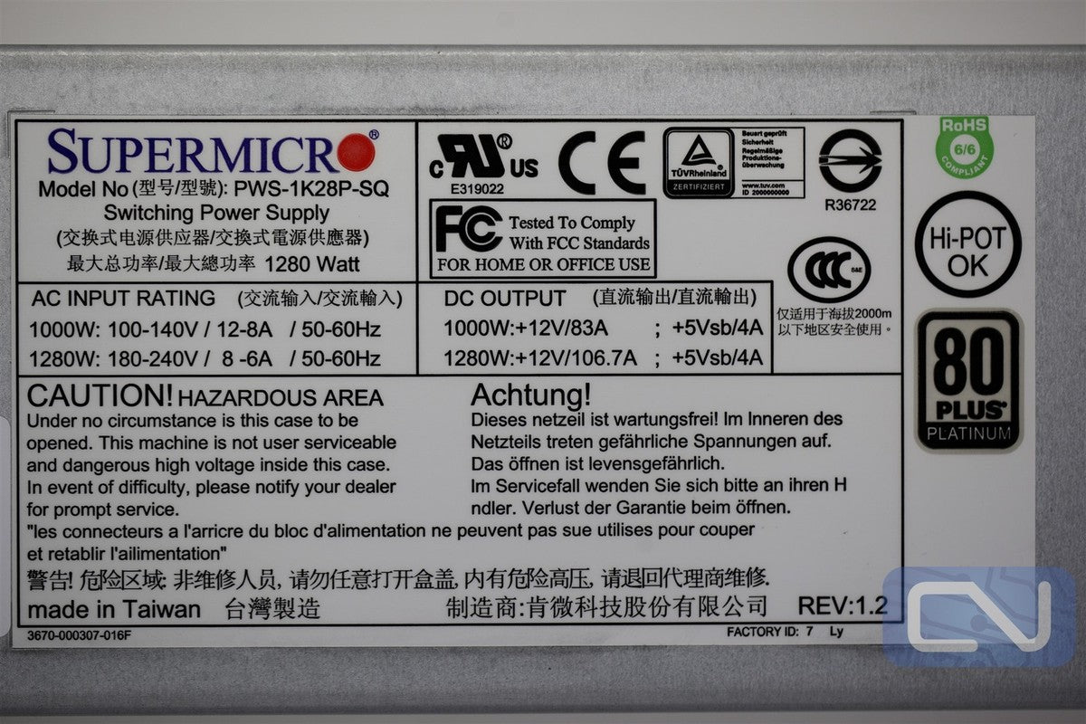 Supermicro PWS-1K28P-SQ 1280W 1U 80 Plus Platinum Redundant Power Supply|296872356947