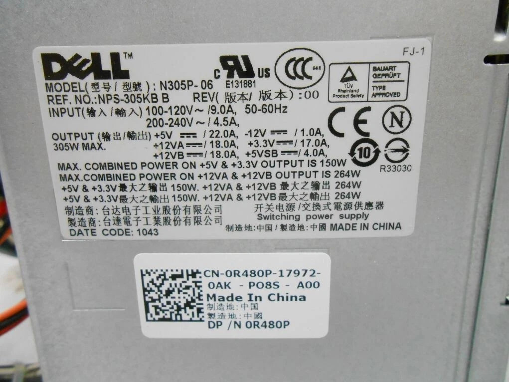 Dell R480P 305W Power Supply N305P-06 NPS-305KB PowerEdge T110 Optiplex 745 755