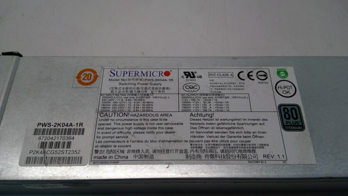 Supermicro PWS-2K04A-1R 1U 2000W Redundant PSU 80 Plus Titanium Power Supply|326715362418
