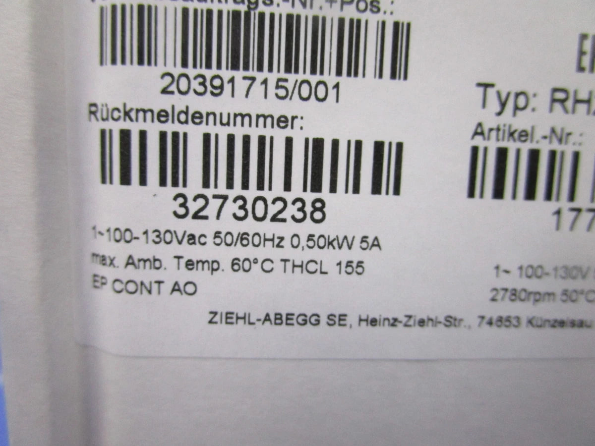 NIB ZIEHL-ABEGG ECBLUE CENTRIFUGAL FAN RH25V-6IK.BA.VR 177236 2780RPM 5A 1-100/1
