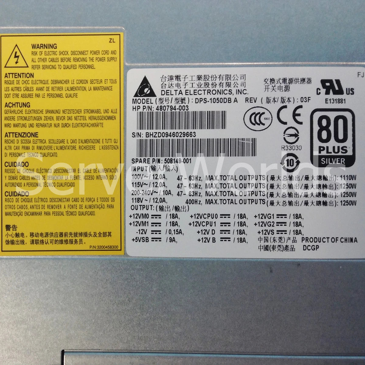 HP 508149-001 Z800 1100W Power Supply 480794-003, DPS-1050DB