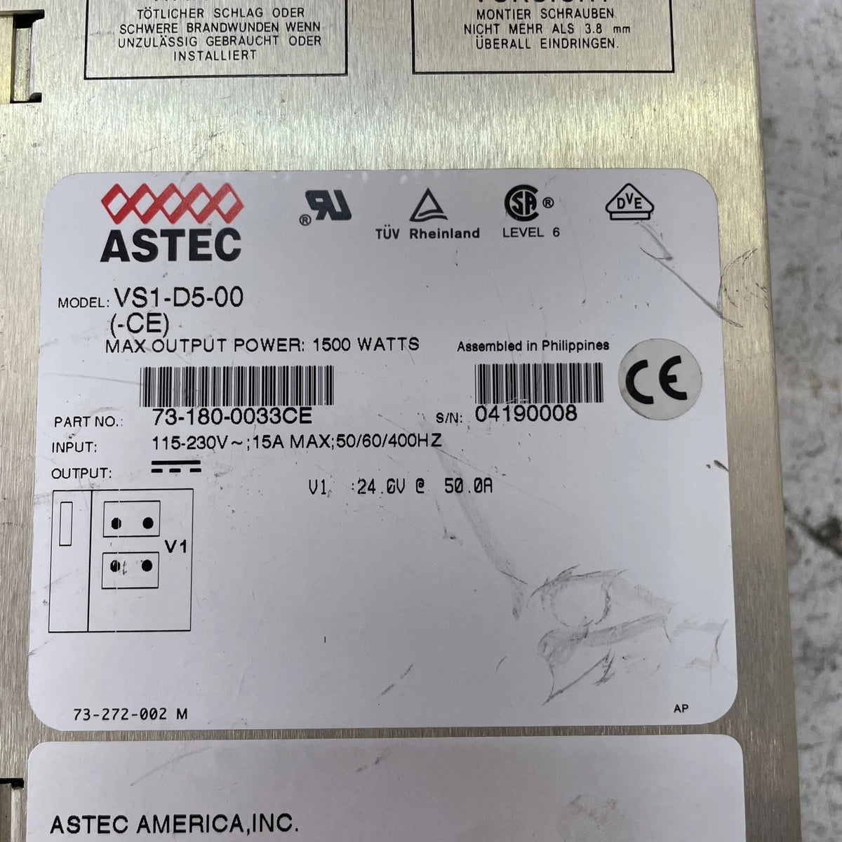 Astec VS1-D5-00 CE 1500W Power Supply. P/N 73-180-0033CE