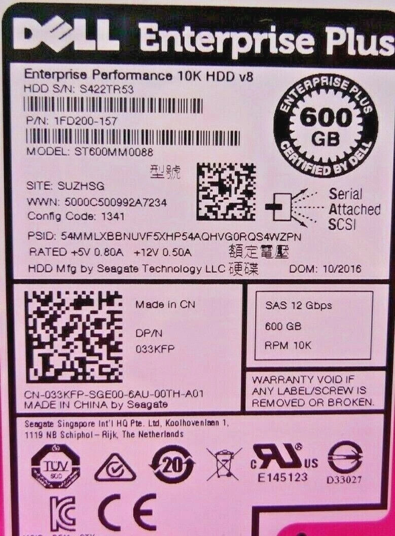 NEW Dell 600GB 2.5'' SAS 12G 10K Hard Drive ST600MM0088 1FD200-157 33KFP