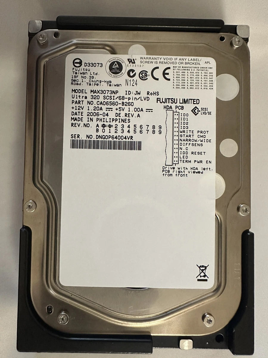 Fujitsu MAX3073NP 73GB 68 Pin 15K RPM Wide SCSI CA06560-B260 Low Power on Hours|156329970814