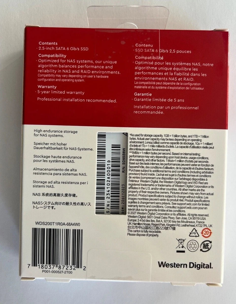 NEW! WESTERN DIGITAL RED WDS100T1R0A 1TB 2TB SOLID STATE DRIVE 2.5 INTERNAL SATA