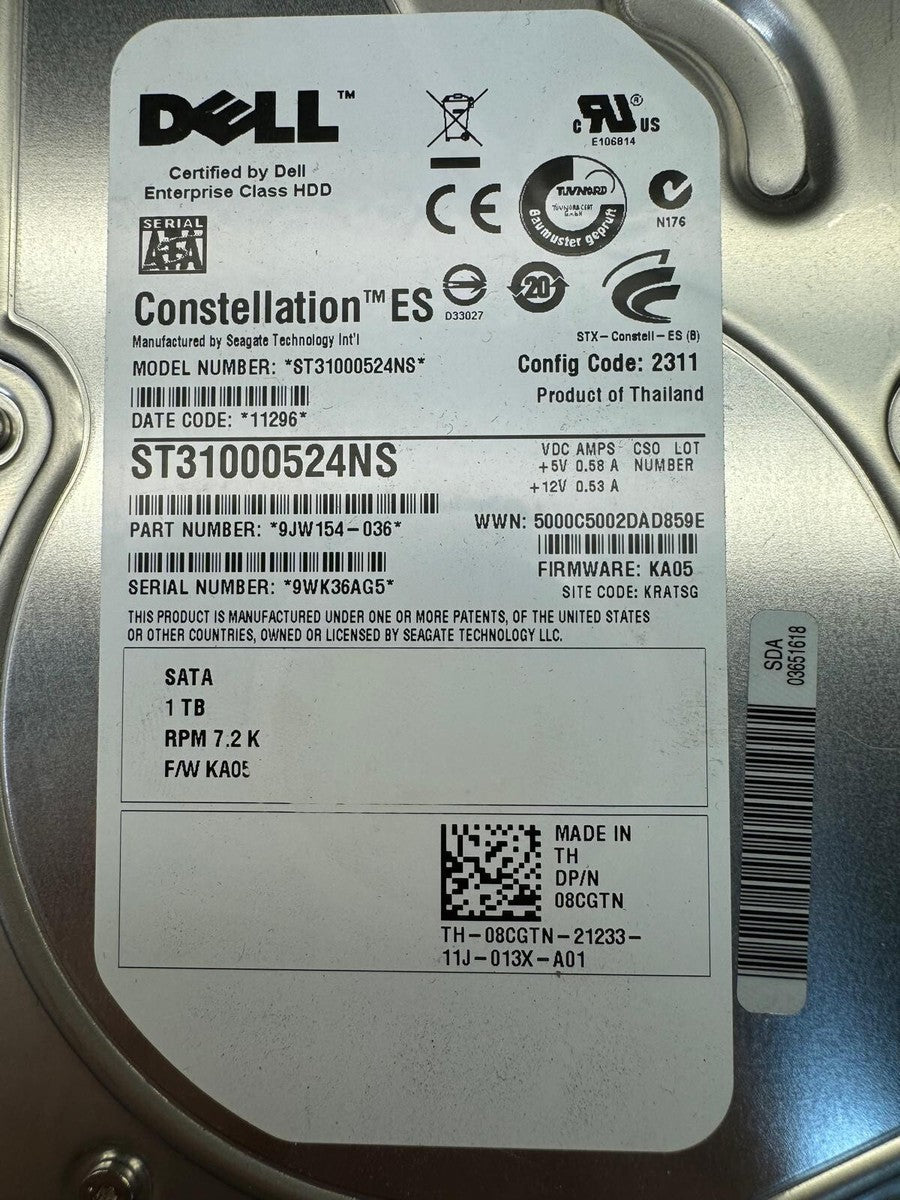DELL 8CGTN ST31000524NS 9JW154 1TB 7.2K RPM 32MB CACHE 3Gb/s SATA 3.5" HDD|176412361201