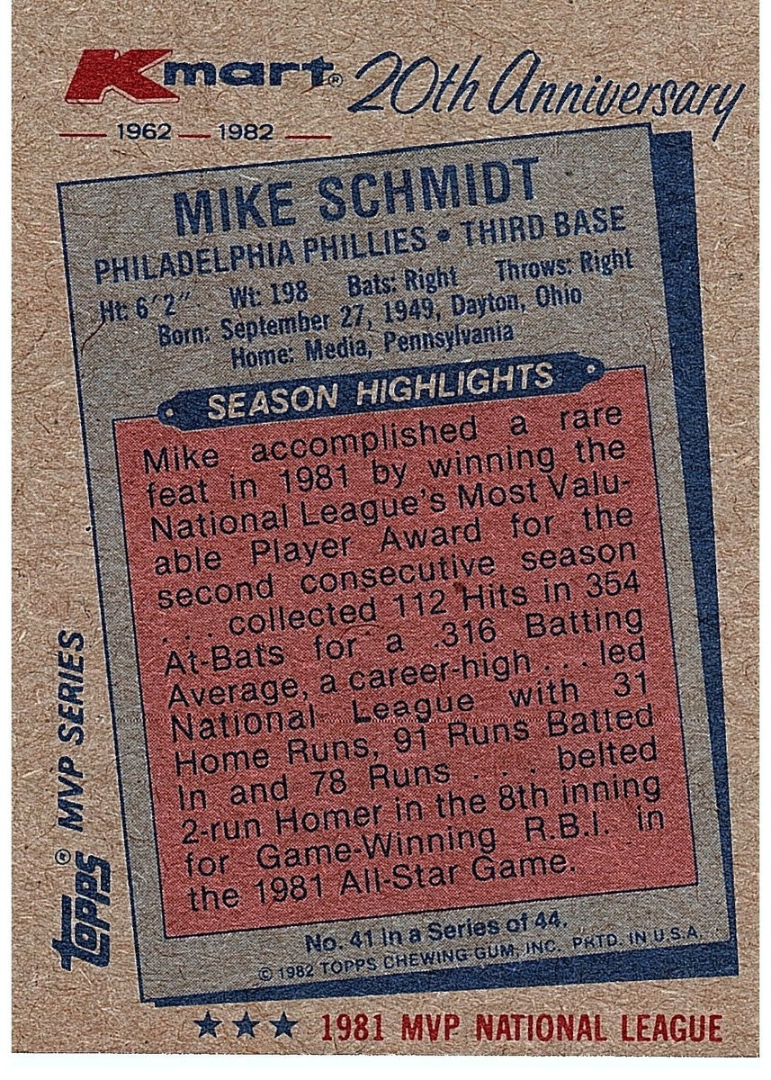 1982 Topps Kmart MVP Series - Mike Schmidt #41|136858636144