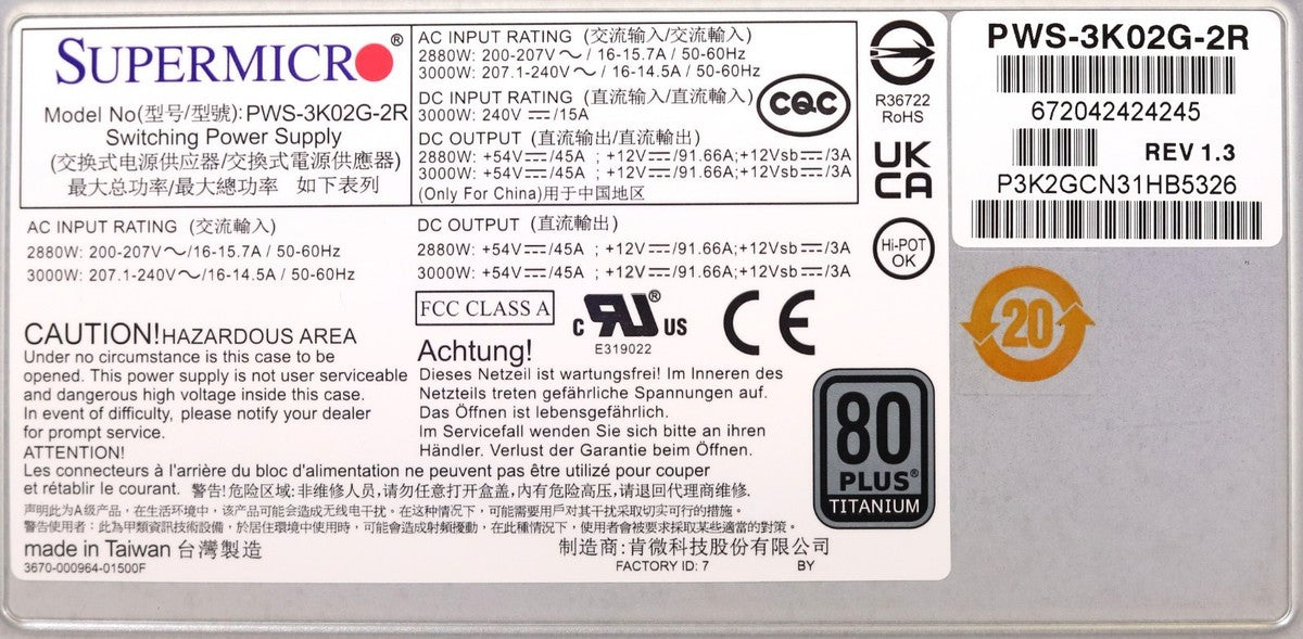 Supermicro 3000W 80-Plus Titanium Redundant Power Supply P/N: PWS-3K02G-2R|376708654837