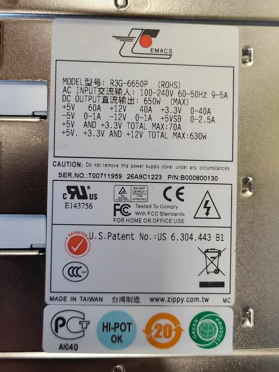 Zippy Emacs 3U 650W 2+1 Redundant PFC EPS12V Power Supply R3G-6650P TESTED|175856181181