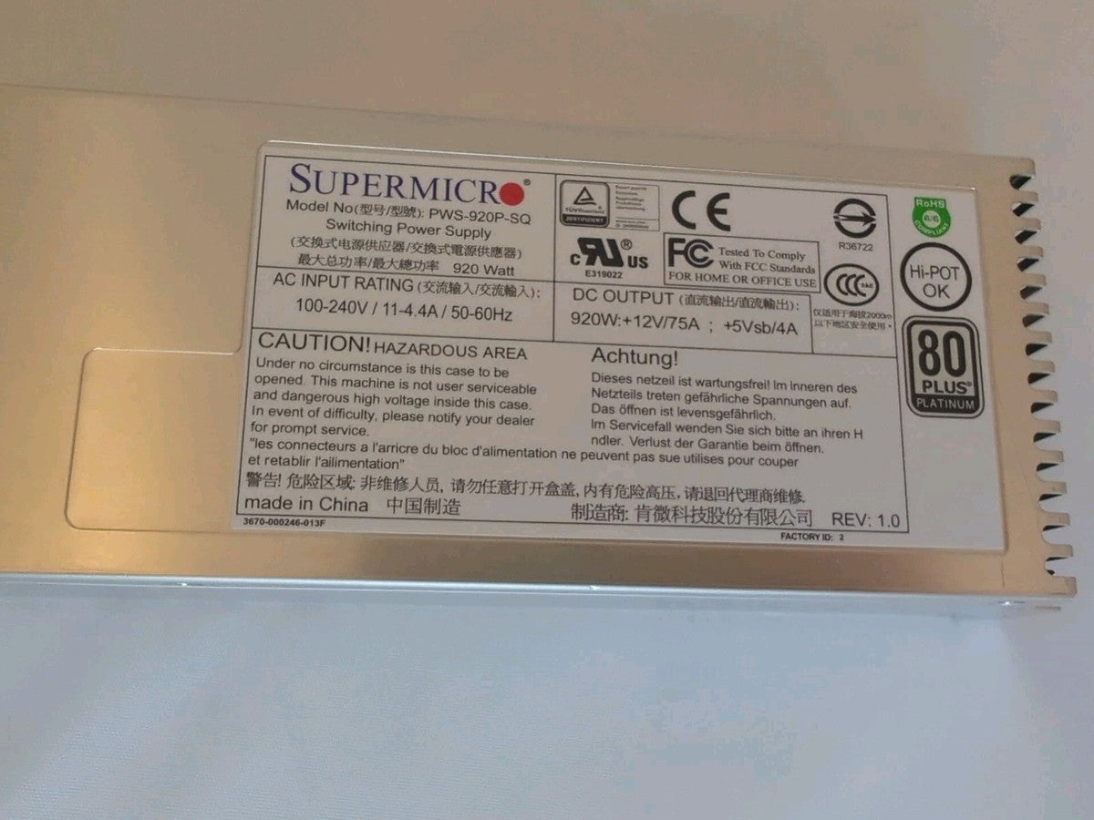 SuperMicro PWS-920P-SQ 920W 1U Redundant Power Supply - FREE SHIPPING|177374455700