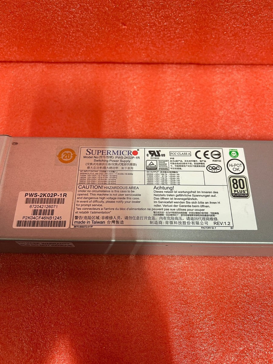 SuperMicro PWS-2K02P-1R 80 Plus Platinum 2000W Server Power Supply|405482249143