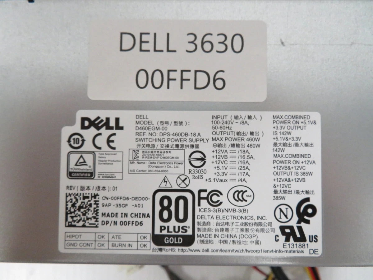 Dell Precision 3630 Mini Tower Power Supply 80 Plus Gold D460EGM-00 0FFD6 00FFD6|326002552357