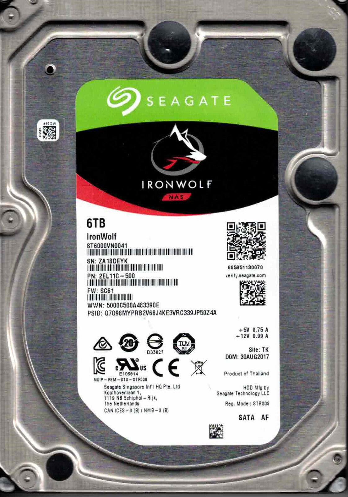 ST6000VN0041, 2EL11C-500, SC61, TK, ZA18 SEAGATE 6TB AUG 2017|256050455282