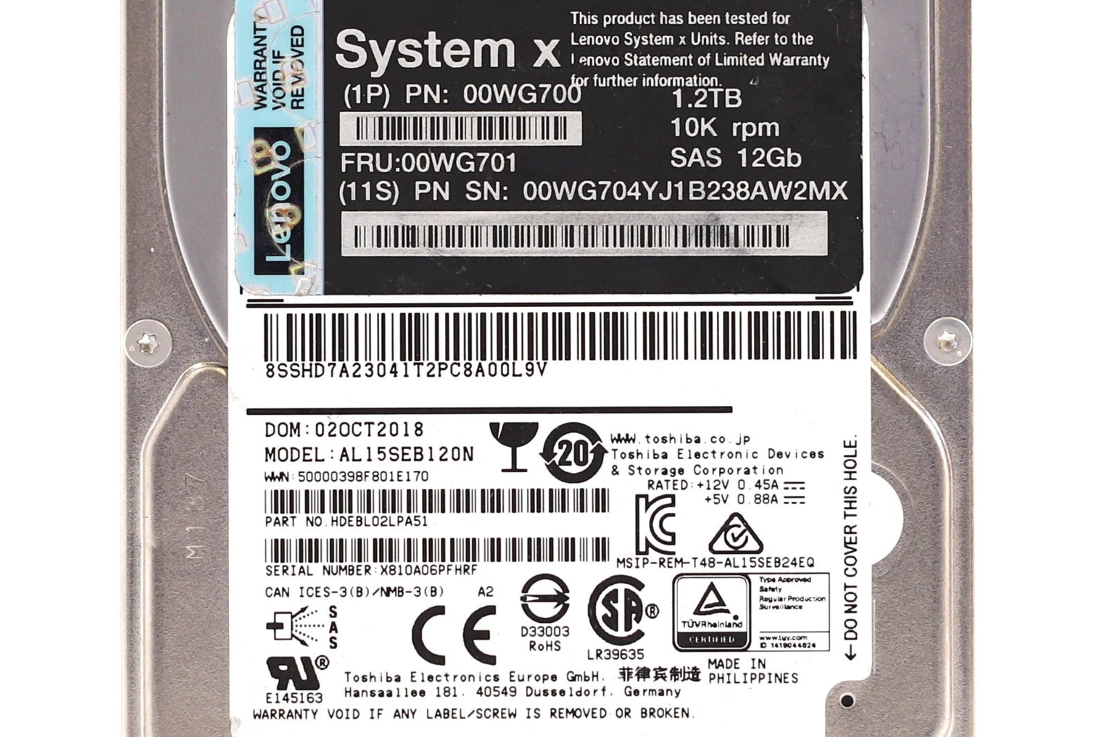 Lenovo AL15SEB120N 1.2TB 2.5" 12Gb/s 10K RPM SAS Drive FRU P/N: 00WG701 Tested