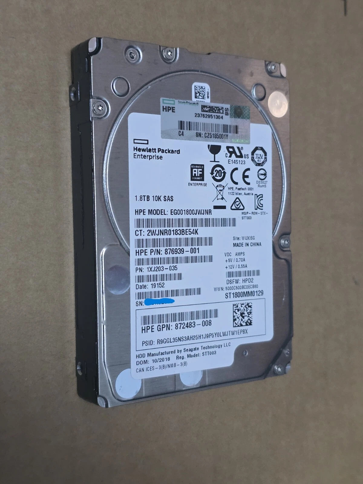 HDD HPE MODEL EG001800JWJNR 1.8TB 10K SAS PN:1XJ203-035|257120819719