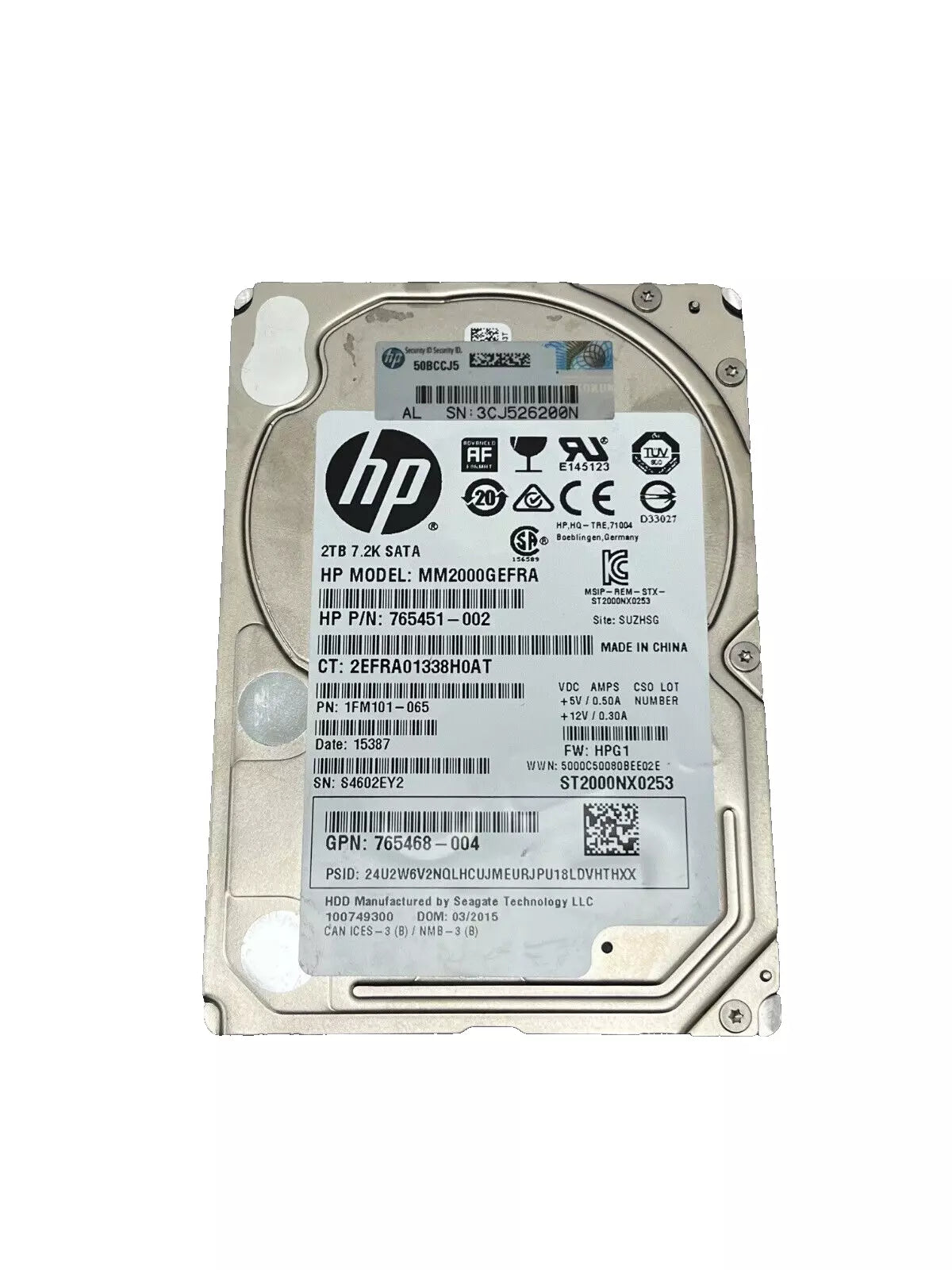 Unidad de disco duro HP SATA de 2 TB de 2,5" 6G, 7,2 K 765468-004 MM2000GEFRA 765451-002