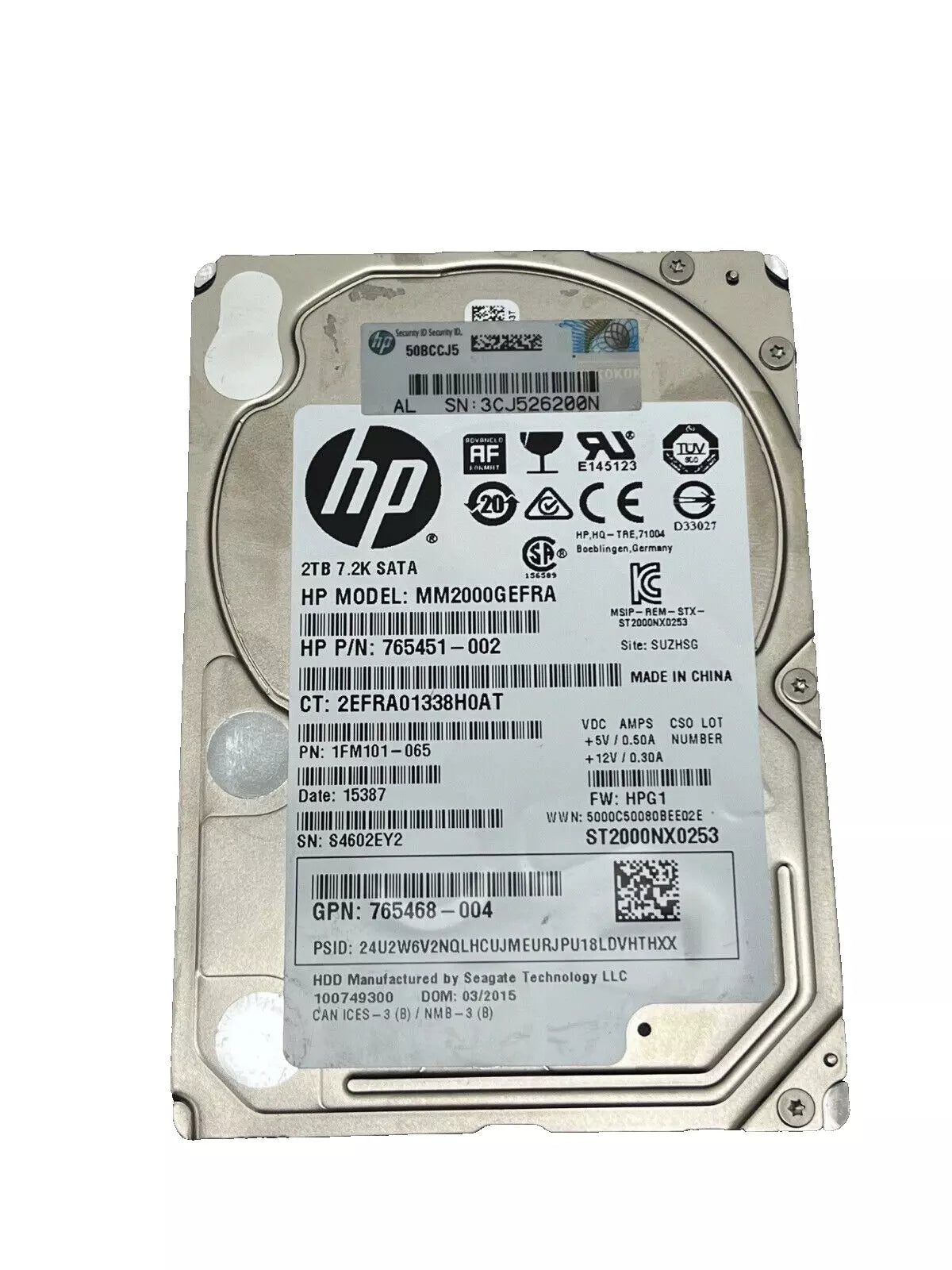 Unidad de disco duro HP SATA de 2 TB de 2,5" 6G, 7,2 K 765468-004 MM2000GEFRA 765451-002