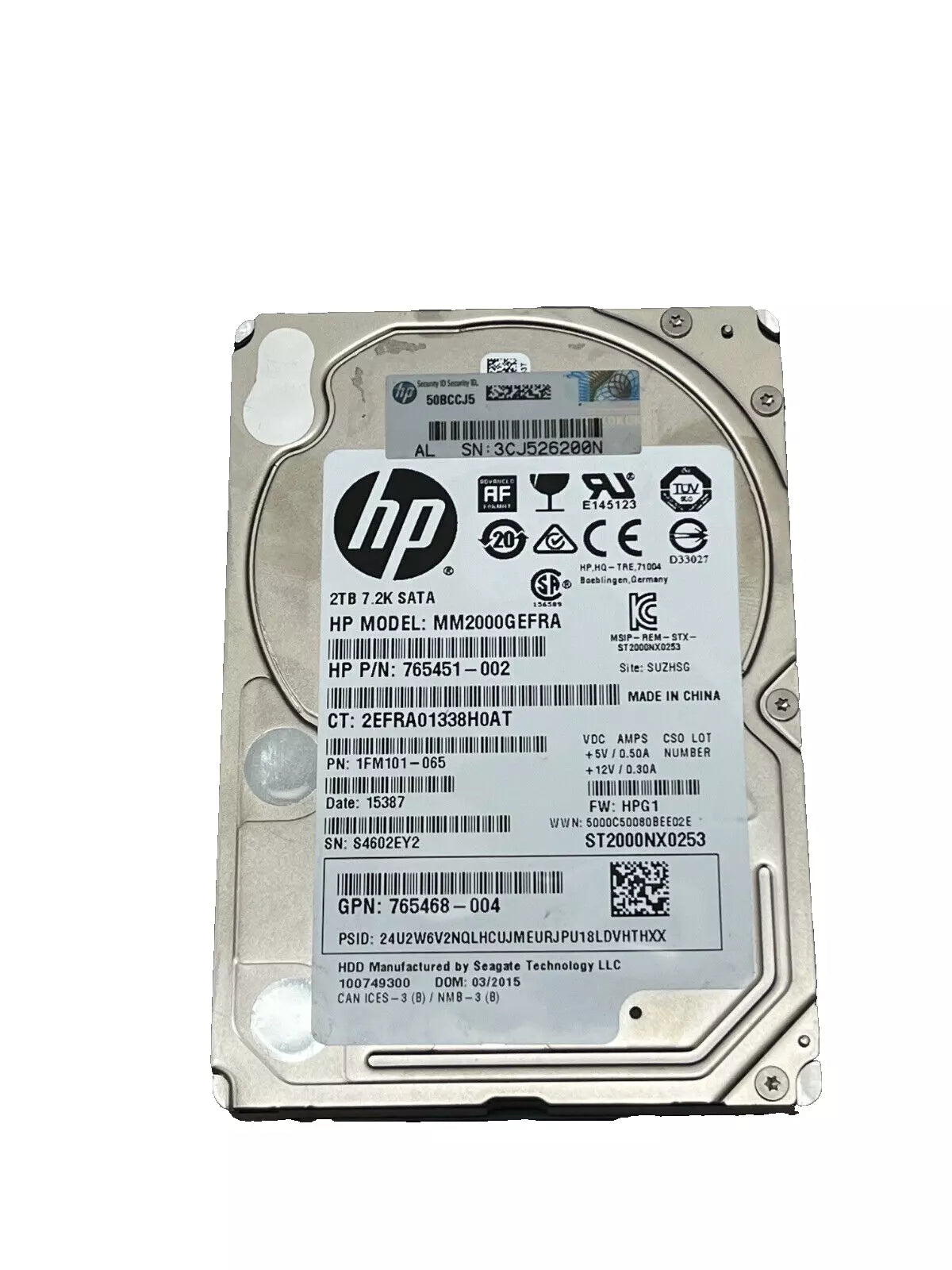 Unidad de disco duro HP SATA de 2 TB de 2,5" 6G, 7,2 K 765468-004 MM2000GEFRA 765451-002