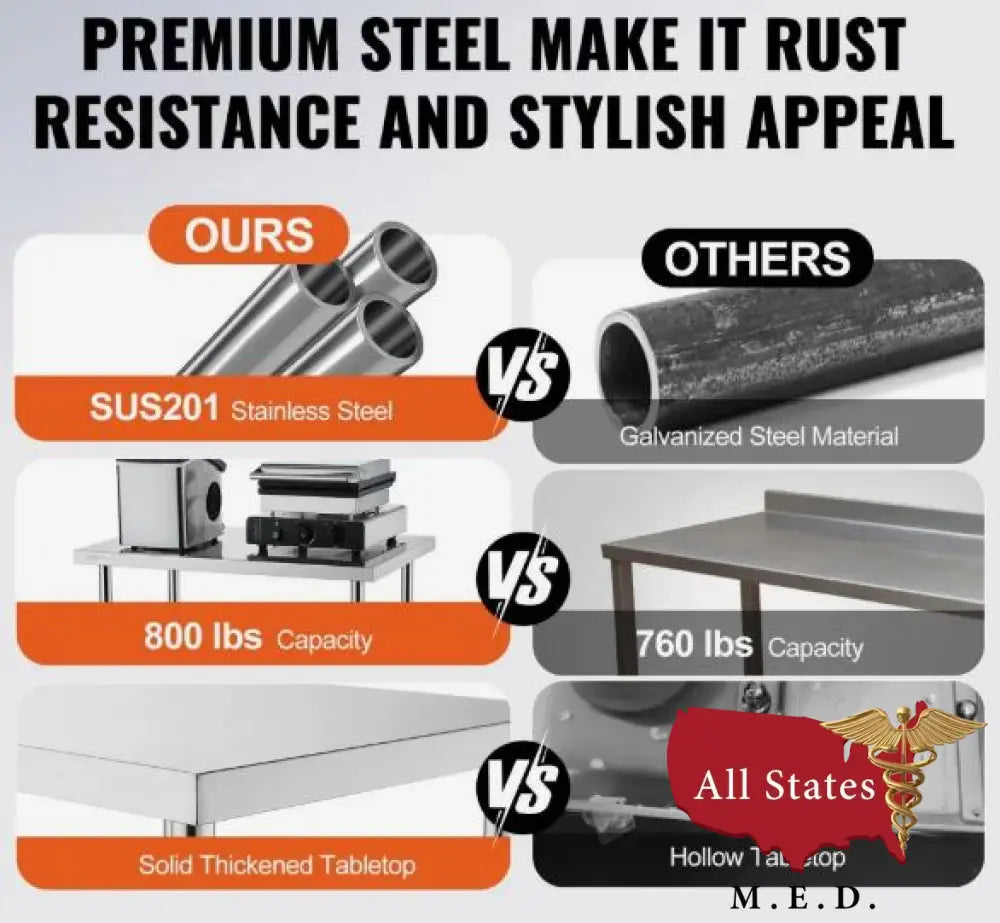 Stainless Steel Work Table 24 x 48 x 38 Inch, with 4 Wheels, 3 Adjustable Height Levels