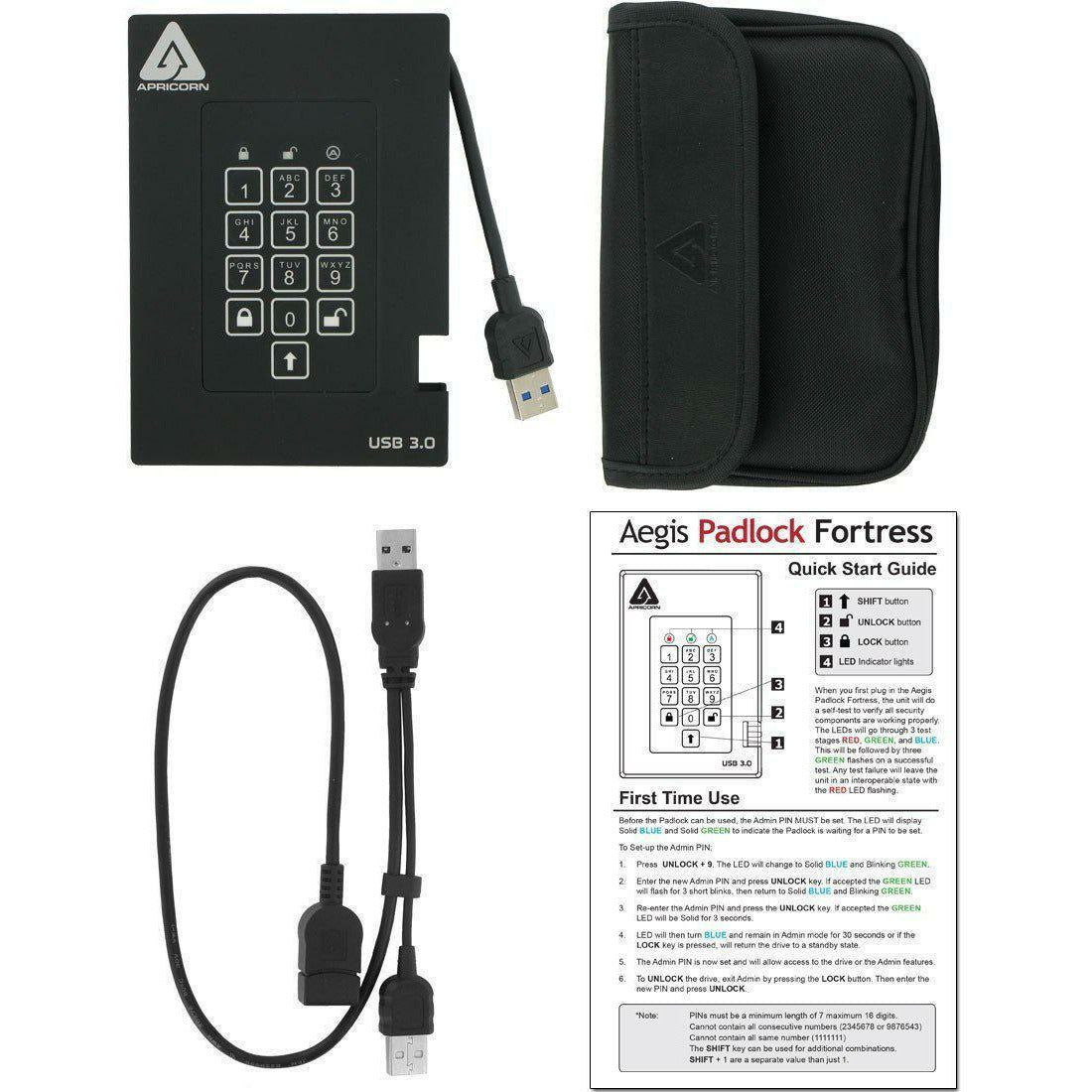 Apricorn Aegis Padlock Fortress FIPS 140-2 Level 2 Validated 256-bit Encrypted USB 3.0 Hard Drive with PIN Access, 1 TB - AloinfoUSA