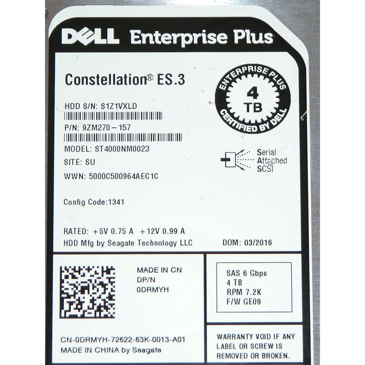 Dell DRMYH Seagate ST4000NM0023 4TB 7.2K 6GBPS SAS 3.5'' Hard Drive SC200 SC400 - AloinfoUSA