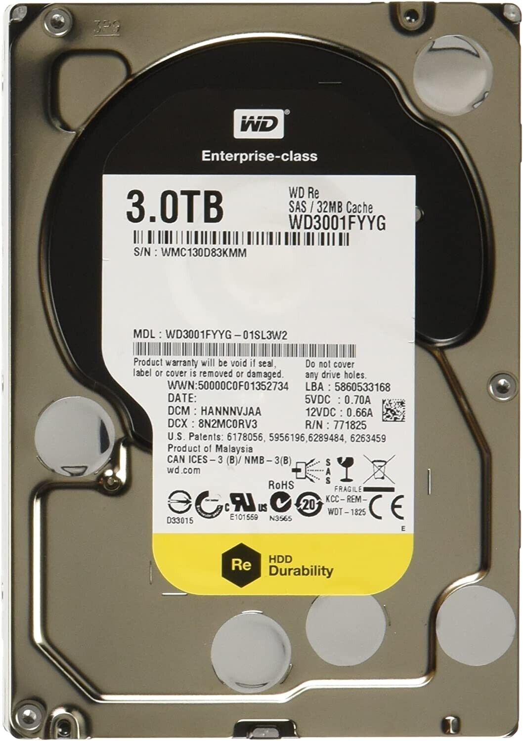 Disco Western Digital 3TB 3.5" Hard Drive RE WD3001FYYG 7200RPM 32MB Cache SAS 6Gb/s - AloTechInfoUSA