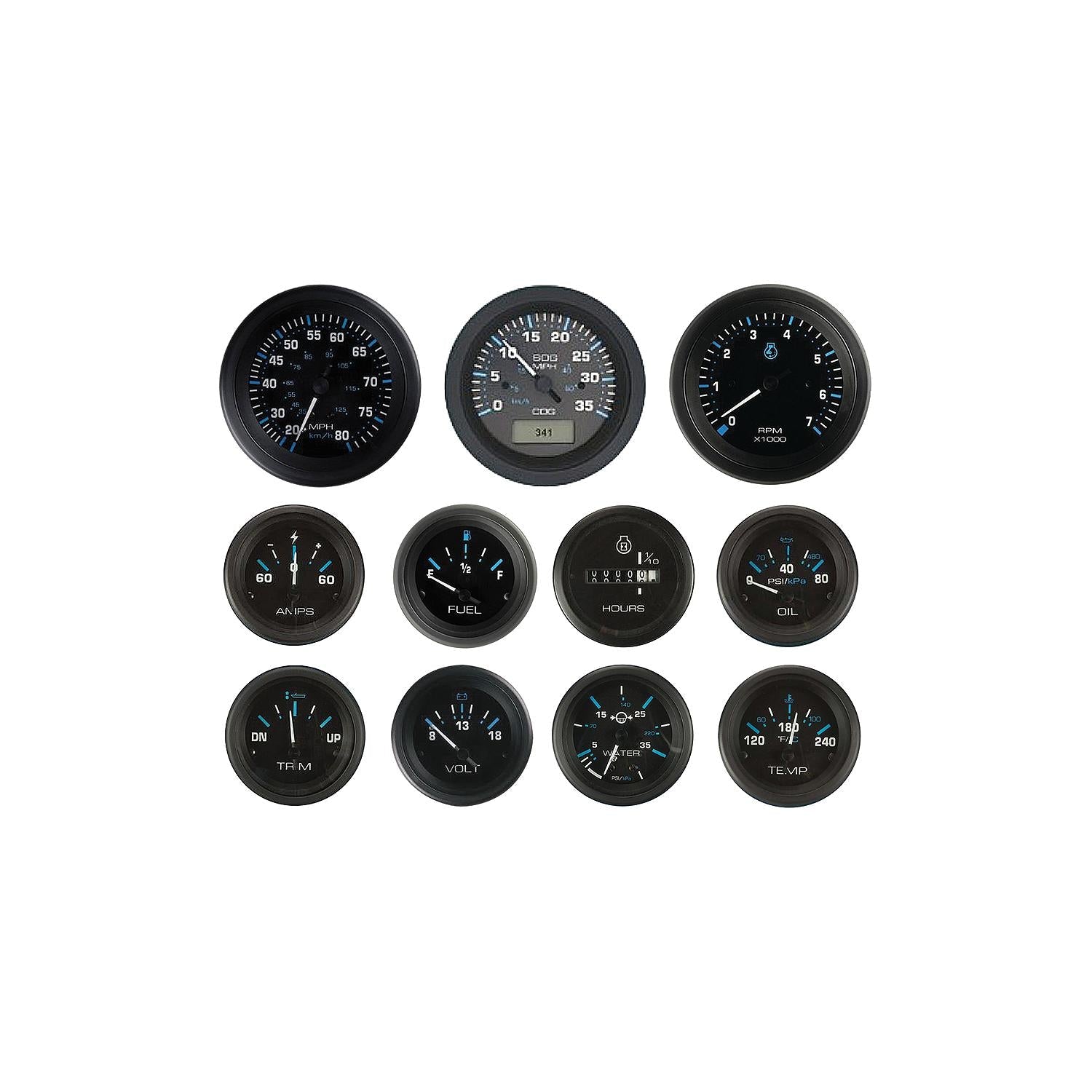 Sierra 68412P Eclipse Series Black Outboard 4 Set w/ Tachometer, Speedometer, Voltmeter & Fuel Gauges