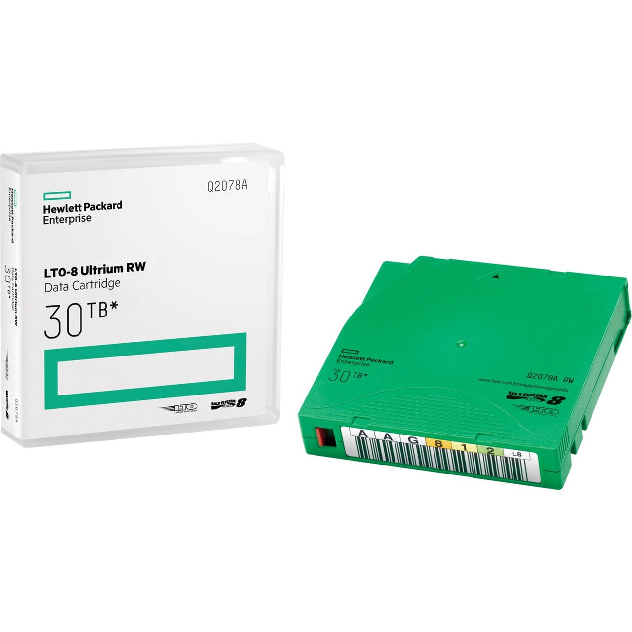 HPE LTO-8 Ultrium 30TB RW Data Cartridge - LTO-8 - Rewritable - 12 TB (Native-30 TB (Compressed - 3149.61 ft Tape Length - 1 Pack - Green - Q2078A
