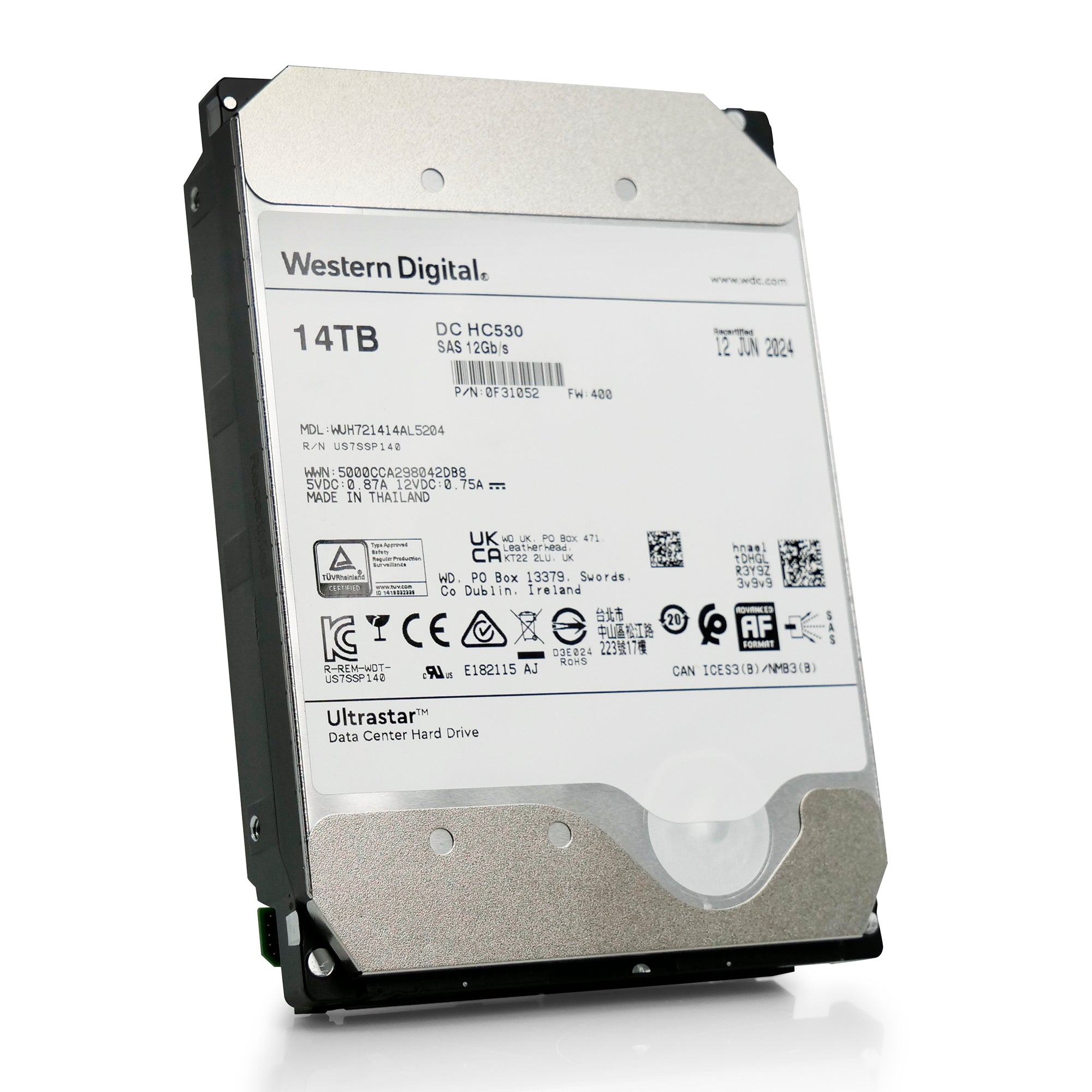 Western Digital Ultrastar DC HC530 WUH721414AL5204 0F31052 14TB 7.2K RPM SAS 12Gb/s 3.5in Recertified Hard Drive