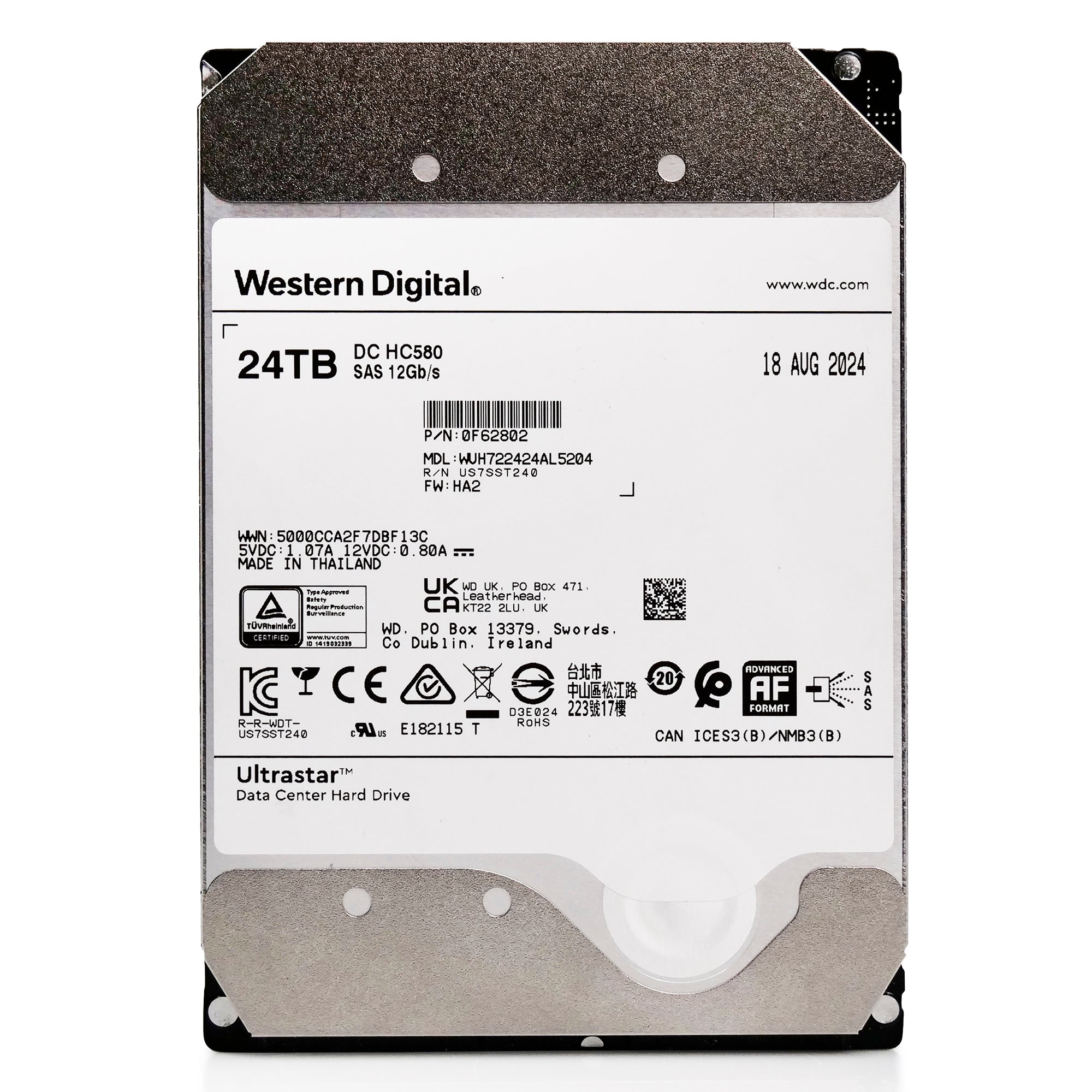 Western Digital Ultrastar DC HC580 WUH722424AL5204 24TB 7.2K RPM SAS 12Gb/s 512e 3.5in Recertified Hard Drive