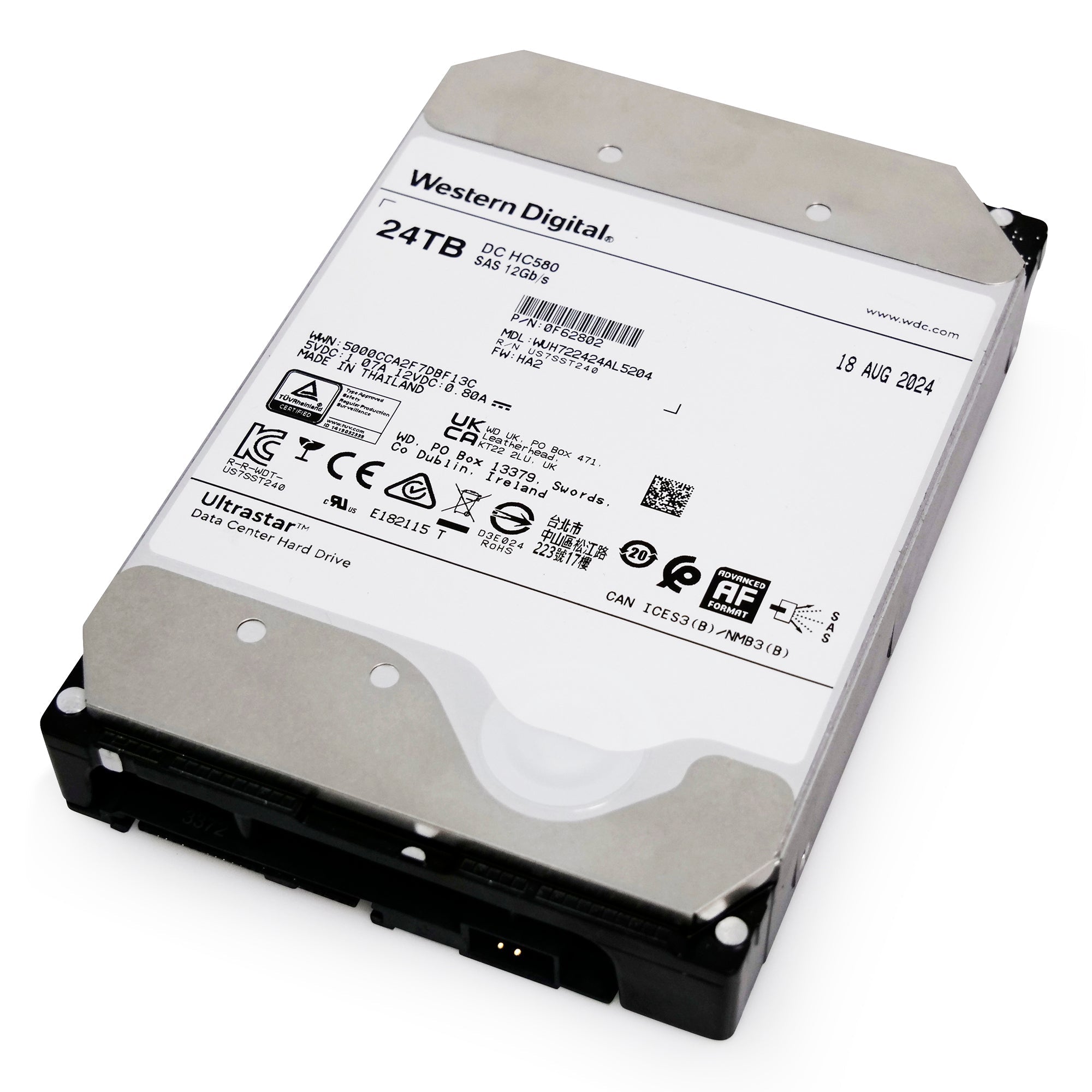 Western Digital Ultrastar DC HC580 WUH722424AL5204 24TB 7.2K RPM SAS 12Gb/s 512e 3.5in Recertified Hard Drive