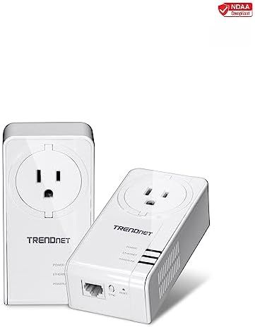 TRENDnet Powerline 1300 AV2 Adapter with Built-in Outlet Adapter Kit, Includes 2 x TPL-423E Adapters, IEEE 1905.1 & IEEE 1901, Gigabit Port, Range Up to 300m (984 ft, White, TPL-423E2K