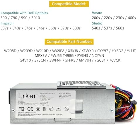 F250AD-00 D250AD-00 250W Power Supply Compatible with Dell Optiplex 390 790 990 3010 Inspiron 537s 540s 545s 546s 560s 570s 580s Vostro 200s 220s 230s 400s Studio 540s Slim Desktop DT Systems|B0BZHSDK4L
