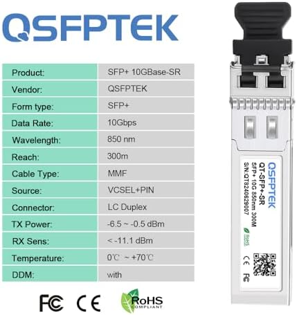QSFPTEK 4Packs 10GBASE-LR Transceiver, 10G SFP+ Patch Module, 1310nm, 10km, DDM LC, 10Gbe Ethernet Mini-GBIC for Cisco SFP-10G-LR, Ubiquiti UF-SM-10G, Mikrotik, Netgear, Qnap NAS, D-Link|B08P4MFPD5