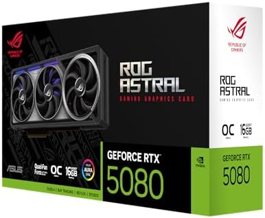 ASUS ROG Astral GeForce RTX™ 5080 OC Edition Gaming Graphics Card (PCIe® 5.0, 16GB GDDR7, HDMI®/DP 2.1, 3.8-Slot, 4-Fan Design, Axial-tech Fans, Patented Vapor Chamber, Phase-Change GPU Thermal pad