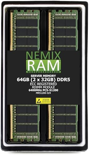 NEMIX RAM 32GB (1X32GB DDR5 6400MHZ PC5-51200 CL52 2Rx4 1.1V 288-PIN ECC RDIMM Registered Server Memory Compatible with Dell PowerEdge R6715 Rack Server
