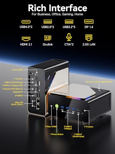 GMKtec AI Mini PC Ultra 9 285H (Turbo 5.4GHz) 96GB DDR5 2TB PCIe 4.0 SSD Mini Gaming Computer 3X M.2 Expansion Slots, Oculink, Quad Screen 8K Display EVO-T1|B0FH54R8J3