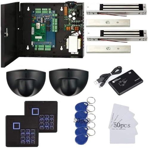 MENGQI-CONTROL 2 Door Access Control Board System 600lbs Electromagnetic Lock Infrared NoTouch Exit Button Keypad Reader 110~240V Power Supply Box USB Enroll Reader Card Key Fob APP remotely Open Door