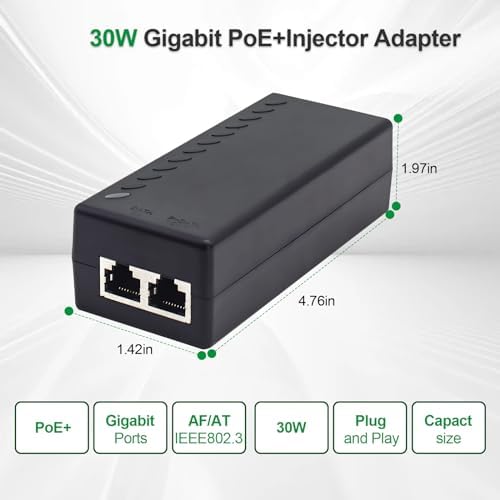 Gigabit PoE+ Injector for Ethernet, 30W 48V with 10/100/1000Mbps & IEEE 802.3af/at Compliance. Extend Network Up to 100M (328 ft) Plug and Play，Black|B0CH2SP1LR