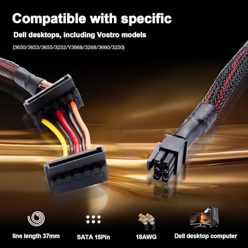 ELFJMZP Small 6Pin to Dual SATA 15Pin Power Cable for Dell Vostro (3650/3653/3655/3252/V3668/3268/3660/3250) & Inspiron Desktops, 18AWG Pure Copper, 37cm Length, 6cm SATA Spacing - SSD Expansion|B0FRN521J9
