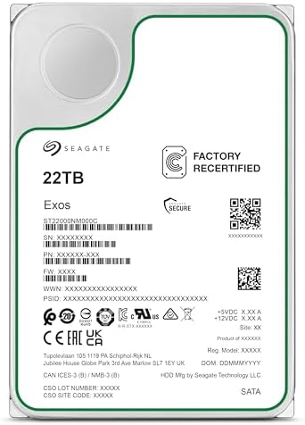 Seagate Exos 22TB SATA HDD 6Gb/s 7200RPM 3.5-inch Enterprise Hard Drive (ST22000NM000C) (Renewed)|B0DFDTPR74