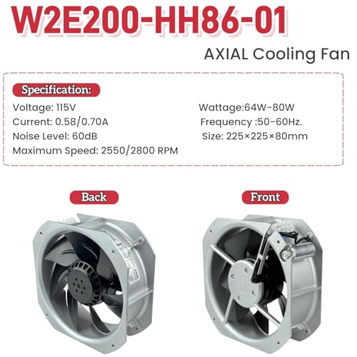 for EBM-PAPST W2E200-HH86-01 Cooling Fan, 115V 80W 0.58-0.70A 50/60Hz axial Flow Fan, 5uF 220VDB 225×225×80mm Fan|B0DSPZHG6P